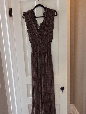Brown Textured Romper Jumpsuit with Smocked Waist